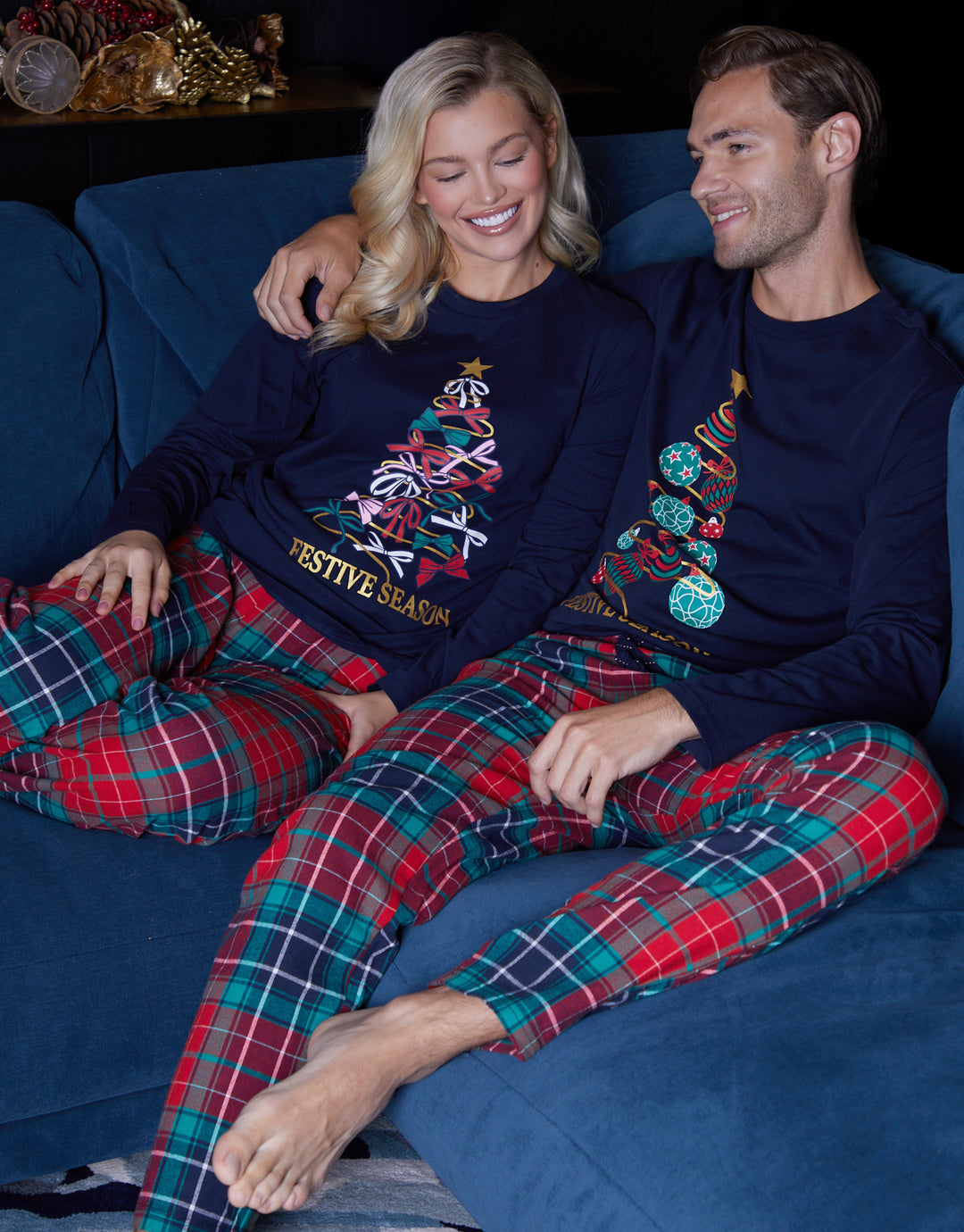 Navy Christmas Tree Graphic Long Pyjamas (2-Piece Set)