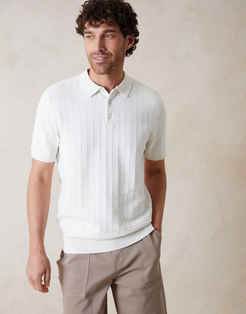 Button Collar Textured Knit Polo Ecru