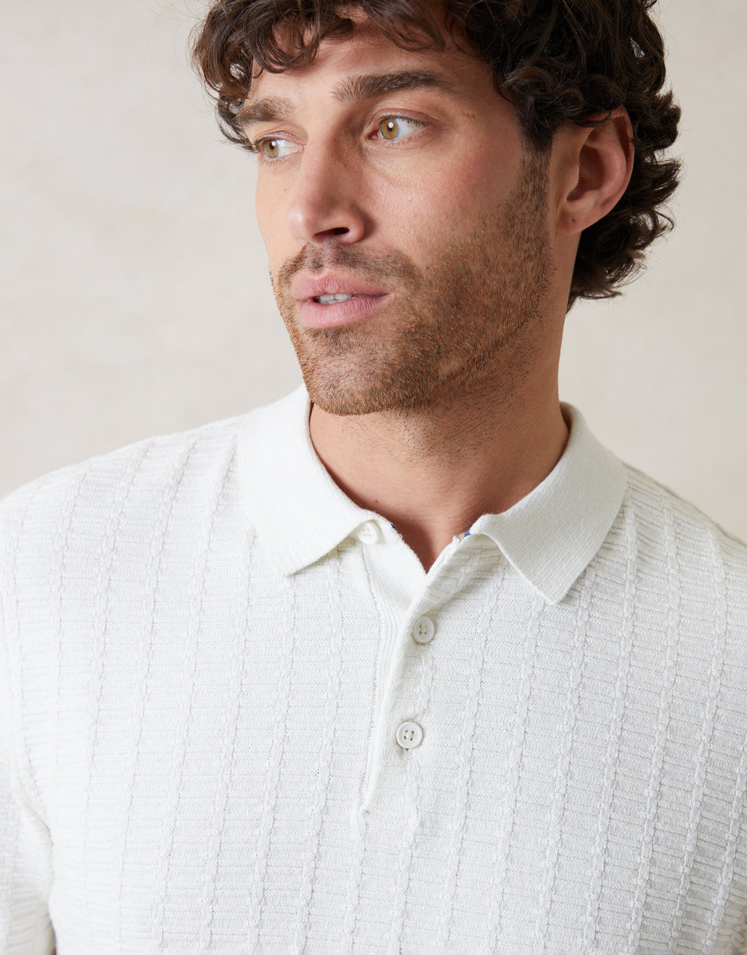 Button Collar Textured Knit Polo in Ecru