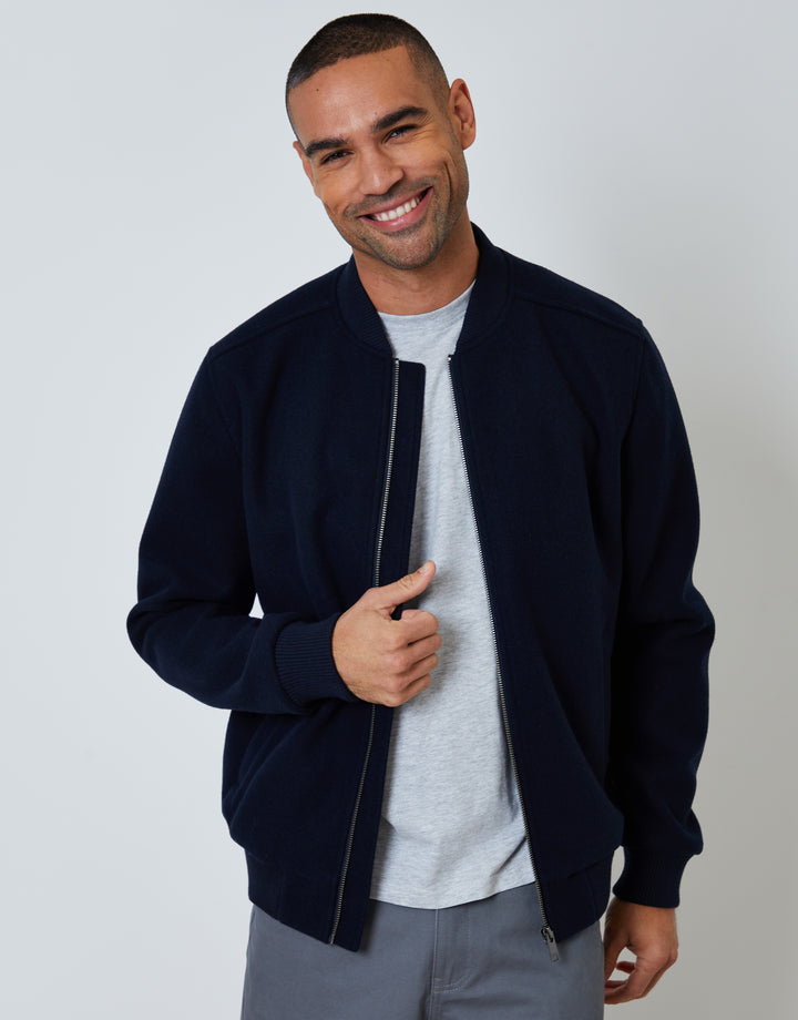 Navy Faux Wool Bomber Jacket