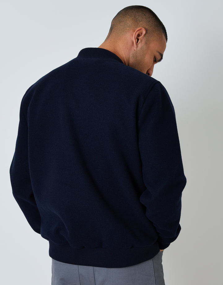 Navy Faux Wool Bomber Jacket