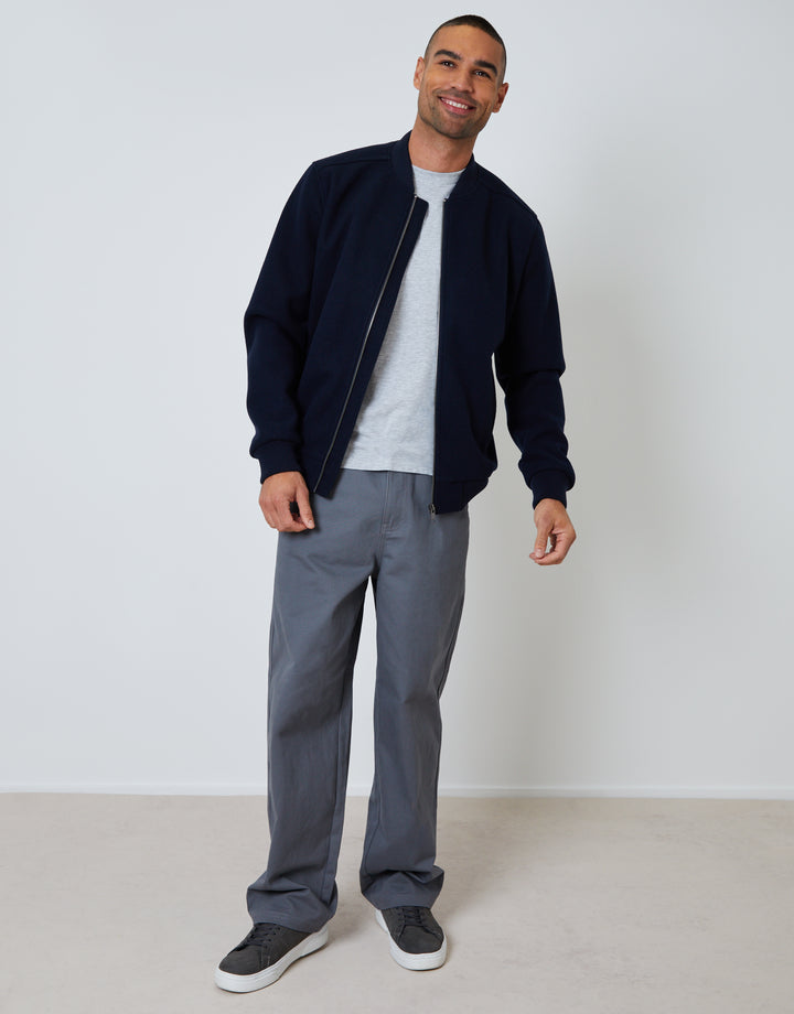 Navy Faux Wool Bomber Jacket