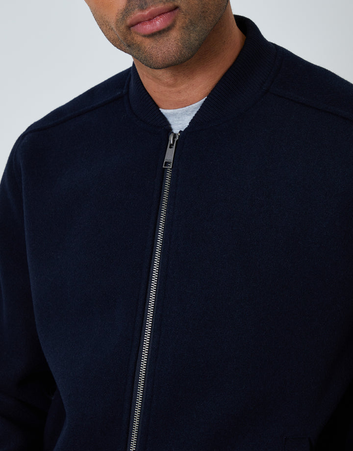 Navy Faux Wool Bomber Jacket
