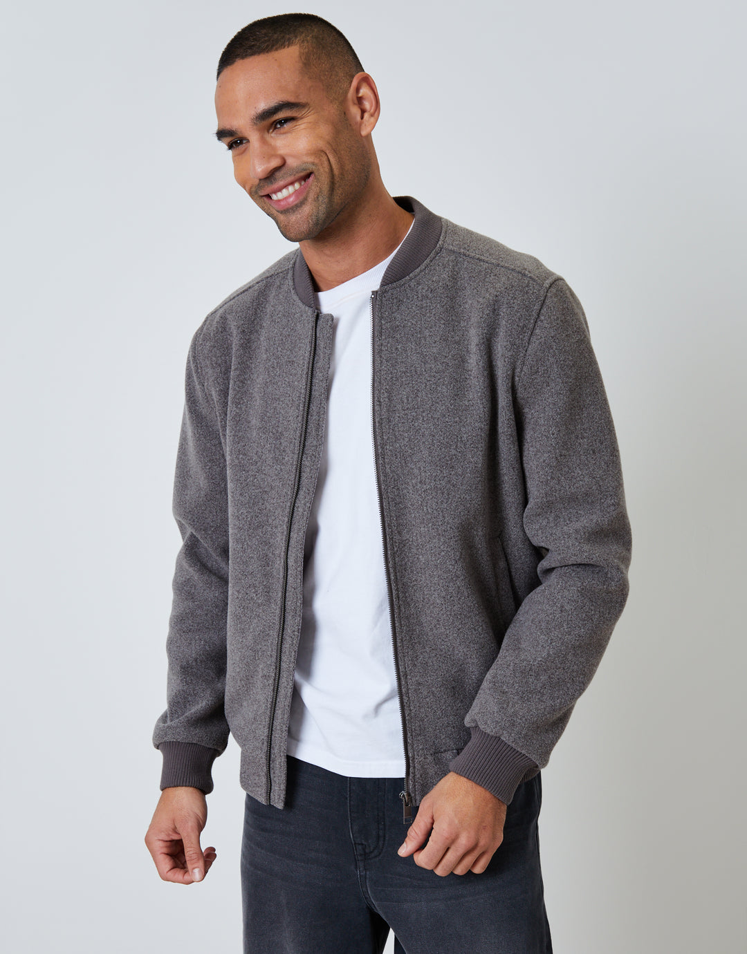 Taupe Faux Wool Bomber Jacket
