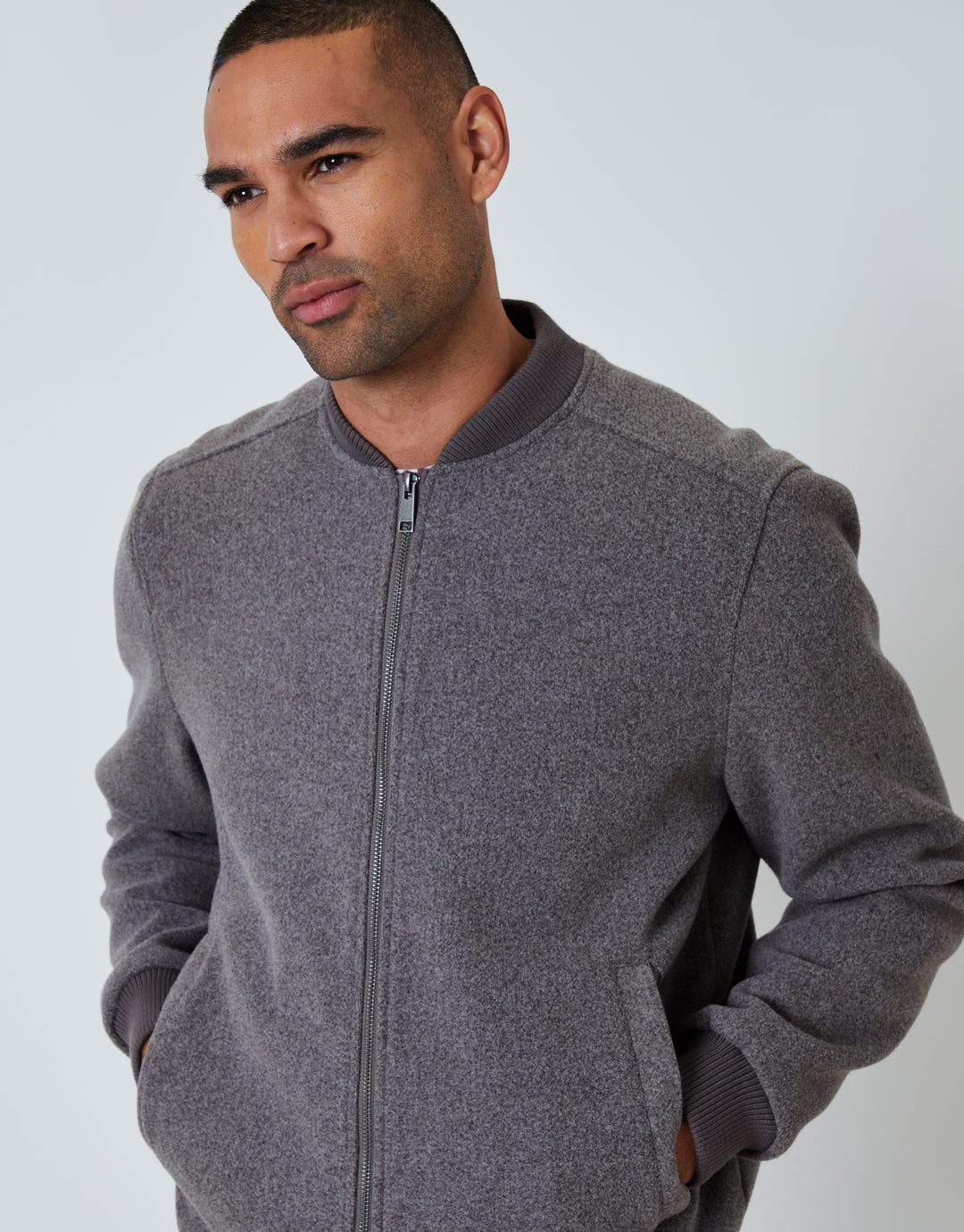 Taupe Faux Wool Bomber Jacket