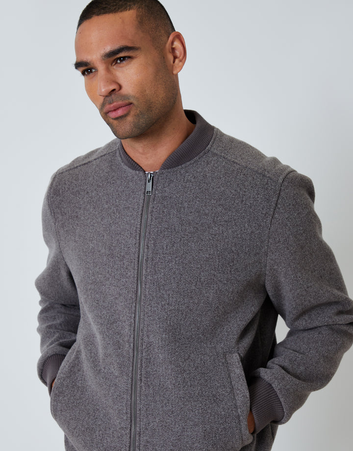 Taupe Faux Wool Bomber Jacket