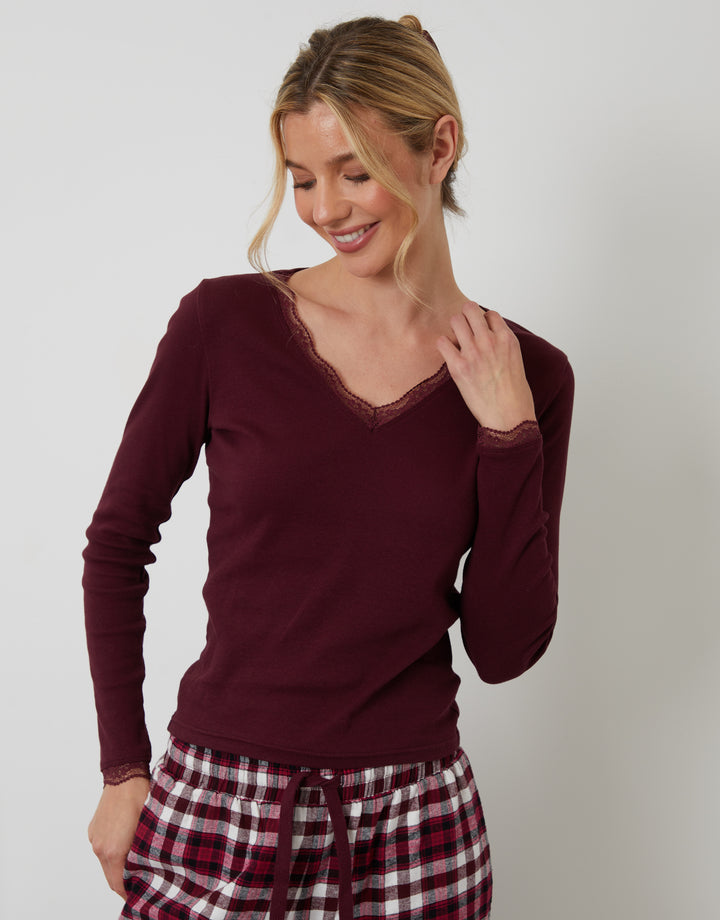 Burgundy Long Sleeve Check Pyjamas (2-Piece Set)