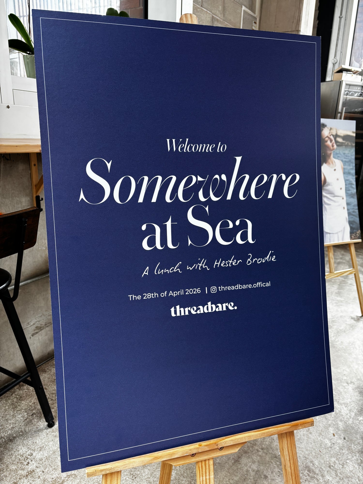 Sign that reads "Welcome to Somewhere at Sea: A lunch with Hester Brodie"