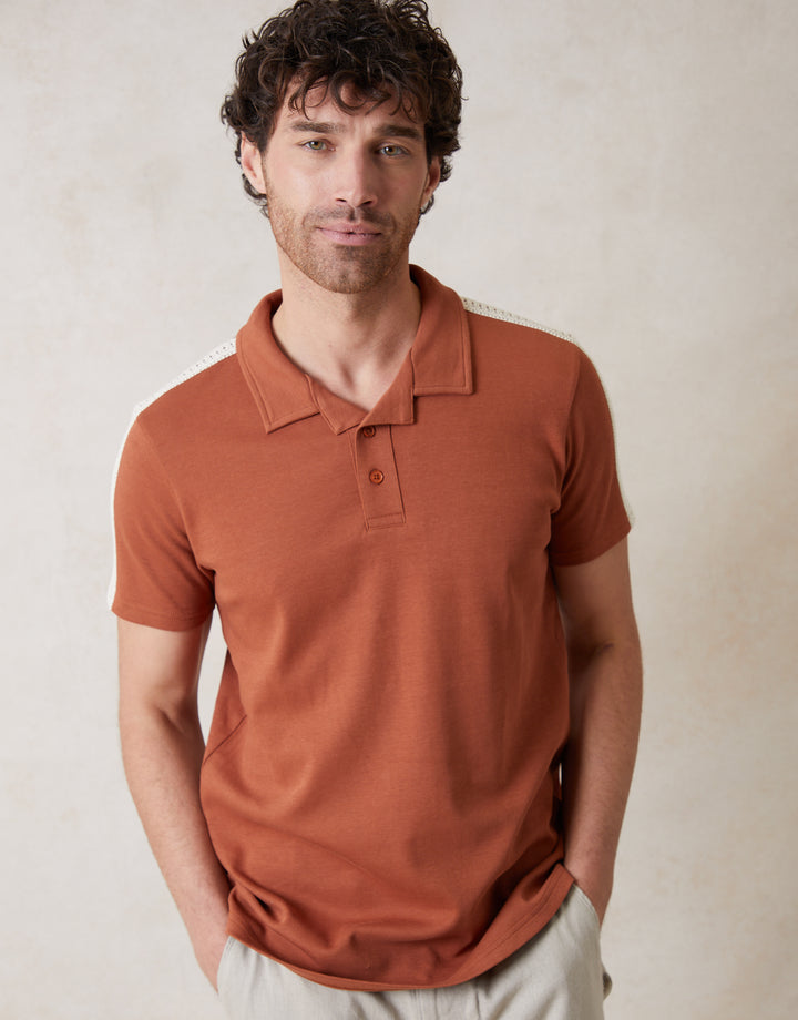 Rust Orange Crochet Detail Revere Collar Polo Shirt