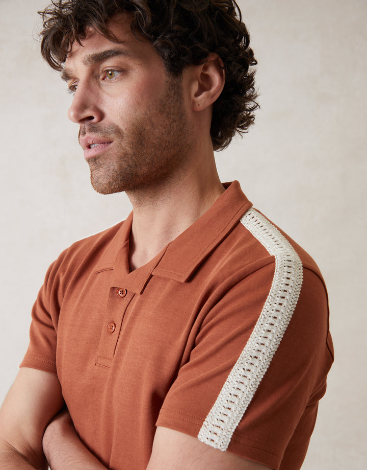 Rust Orange Crochet Detail Revere Collar Polo Shirt