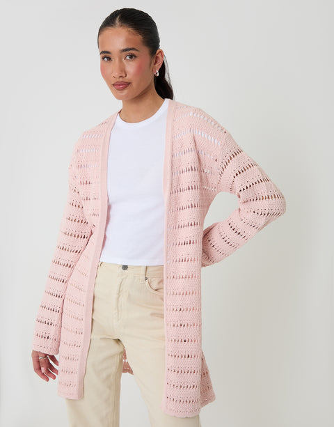 Threadbare Pointelle Knit Longline Cardigan in Pink - front view
