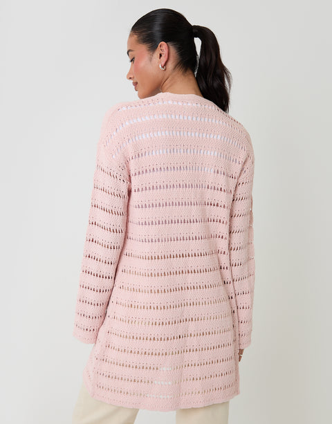 Threadbare Pointelle Knit Longline Cardigan in Pink - back view