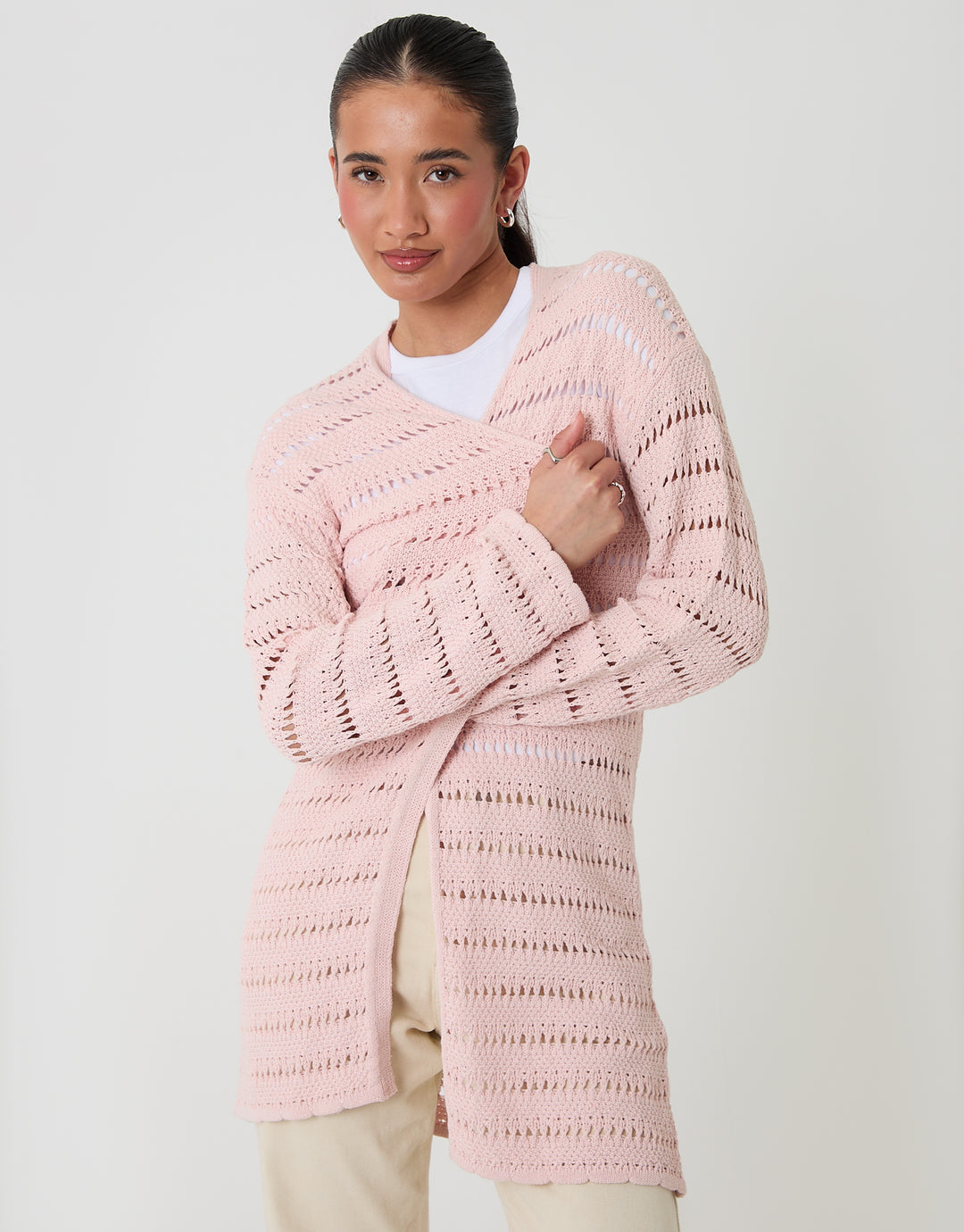 Threadbare Pointelle Knit Longline Cardigan in Pink - close up