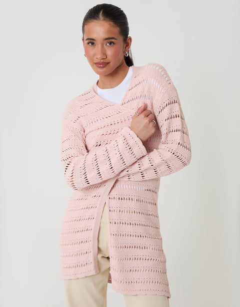 Threadbare Pointelle Knit Longline Cardigan in Pink - close up
