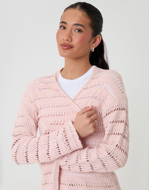 Threadbare Pointelle Knit Longline Cardigan in Pink - close up detail