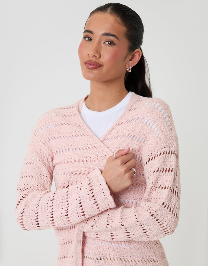 Threadbare Pointelle Knit Longline Cardigan in Pink - close up detail