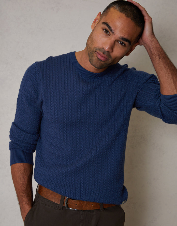 Denim Blue Cable Knit Rib Crew Neck Jumper