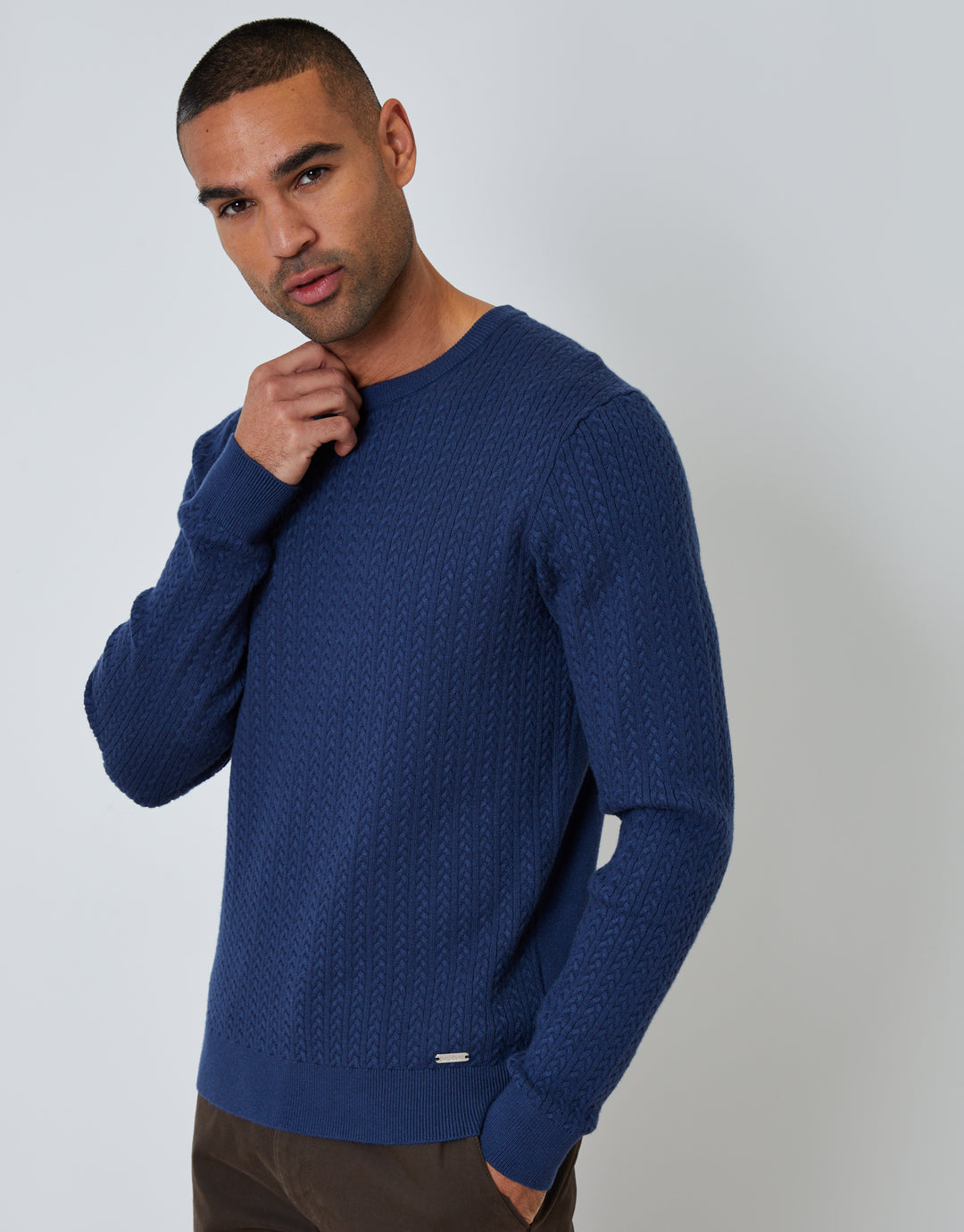 Denim Blue Cable Knit Rib Crew Neck Jumper