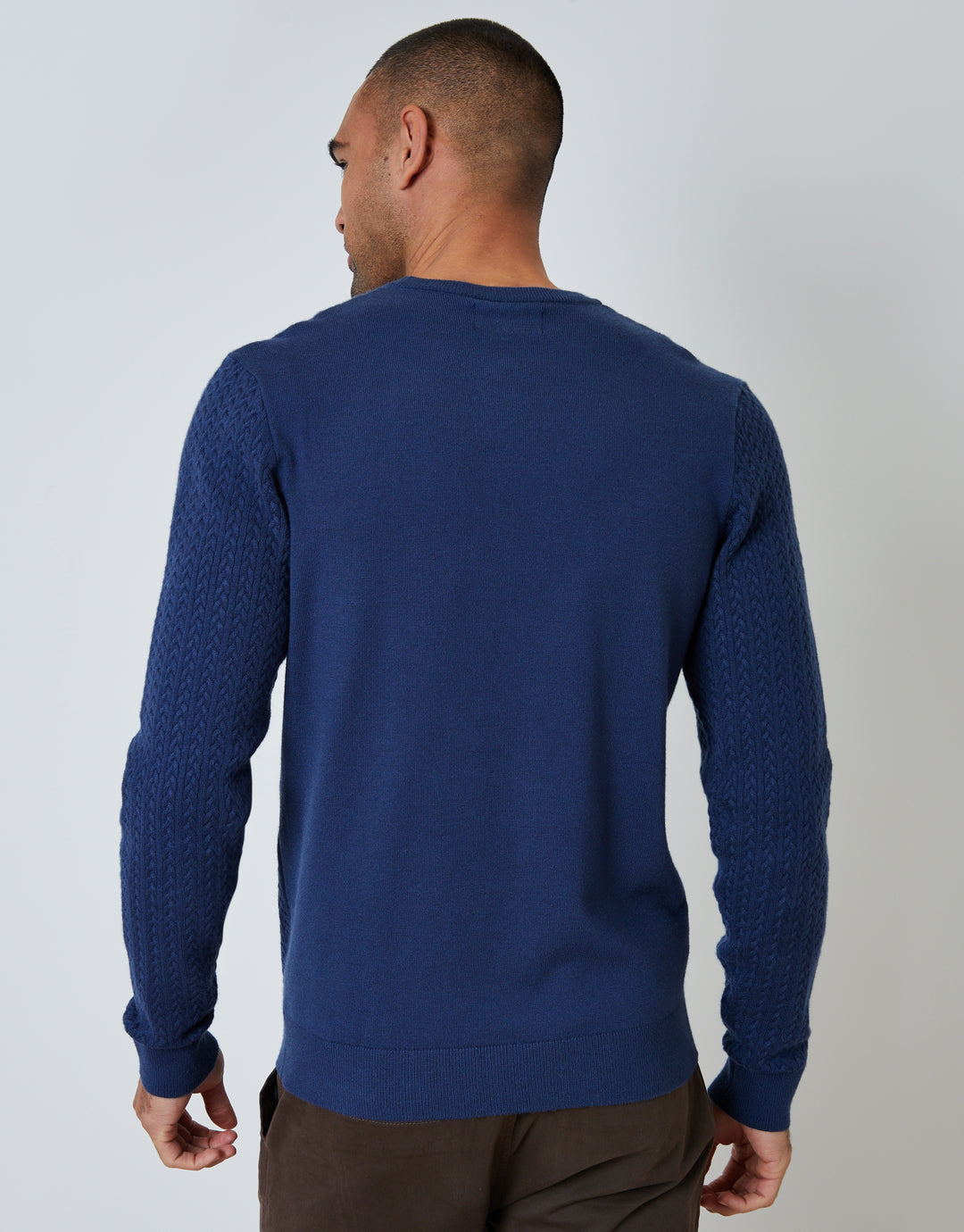 Denim Blue Cable Knit Rib Crew Neck Jumper