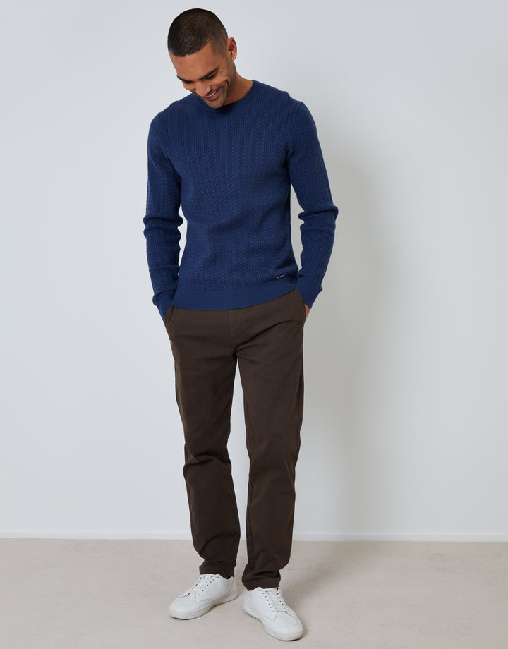 Denim Blue Cable Knit Rib Crew Neck Jumper
