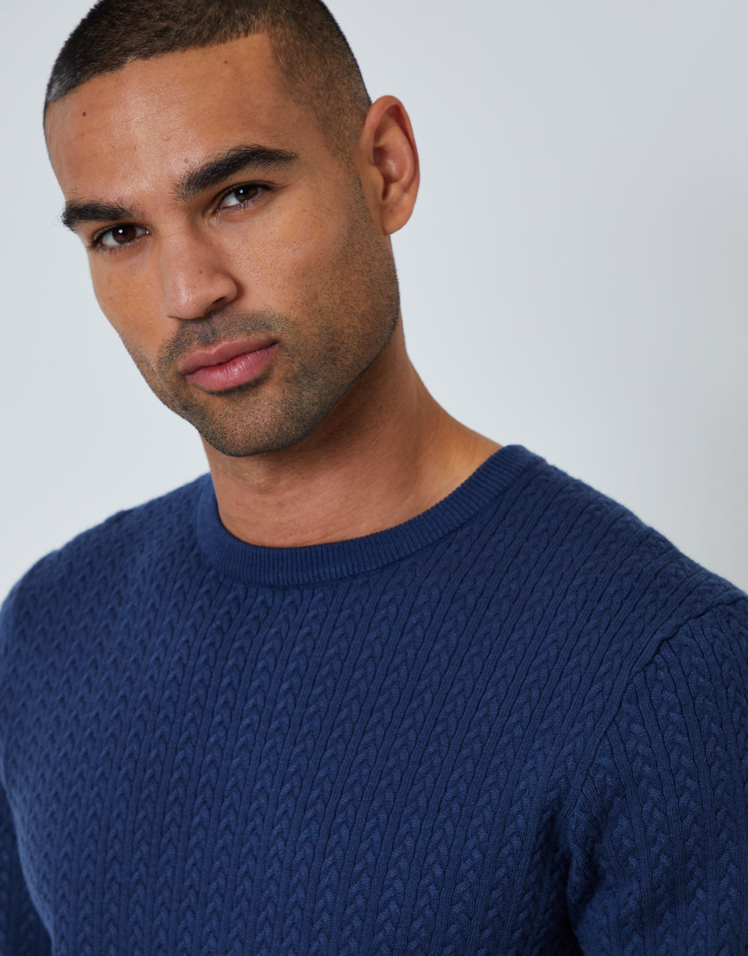 Denim Blue Cable Knit Rib Crew Neck Jumper