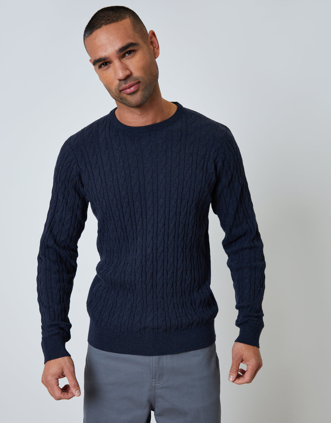 Navy Cable Knit Rib Crew Neck Jumper