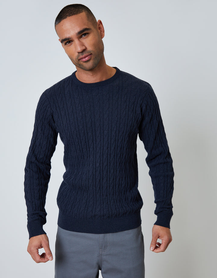 Navy Cable Knit Rib Crew Neck Jumper