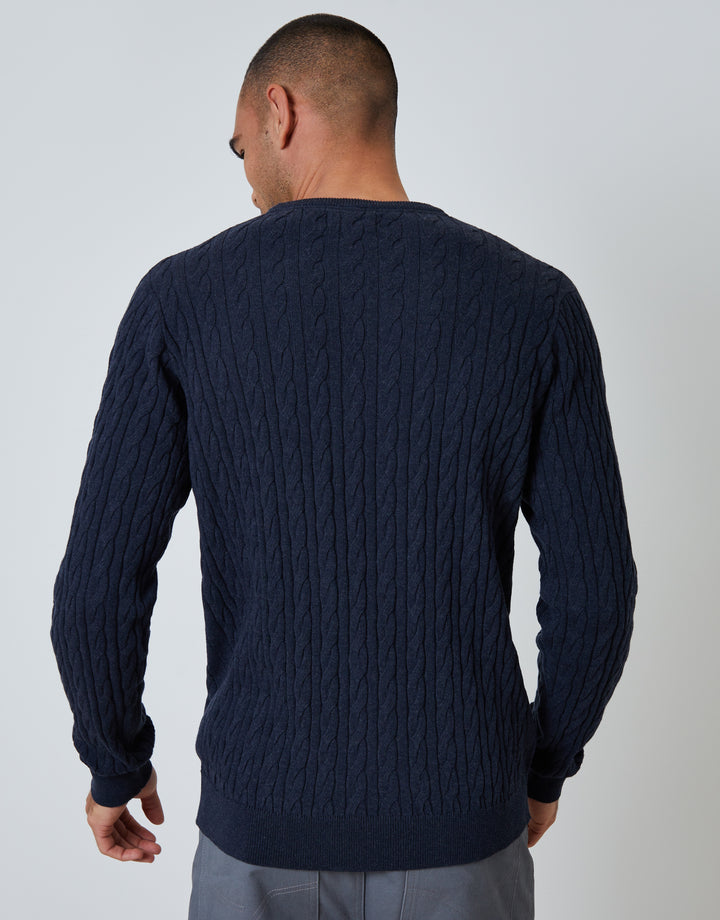 Navy Cable Knit Rib Crew Neck Jumper