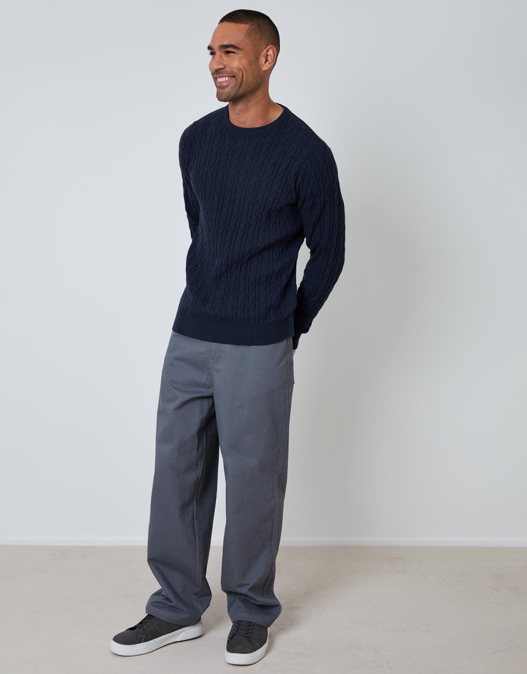 Navy Cable Knit Rib Crew Neck Jumper