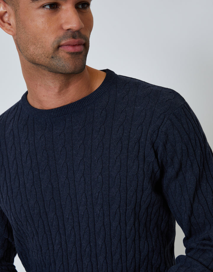 Navy Cable Knit Rib Crew Neck Jumper