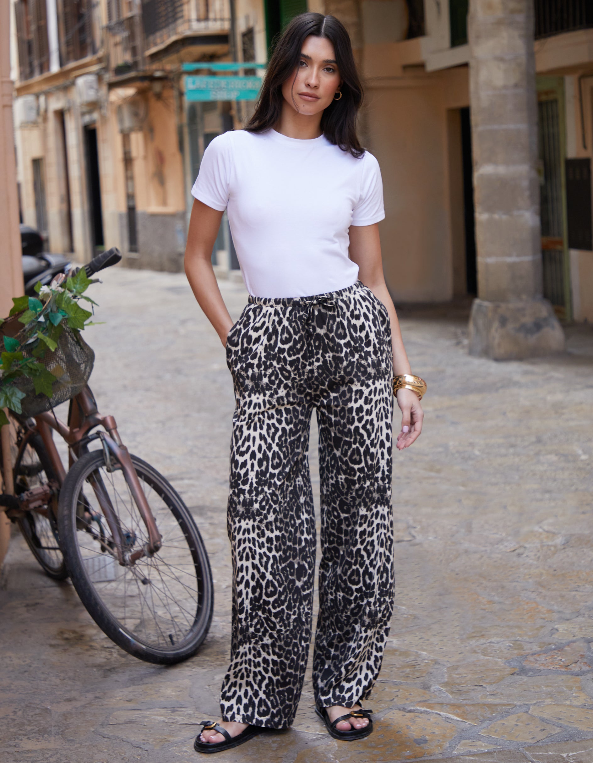 Threadbare Women's Brown Leopard Print Jersey Wide Leg Trousers