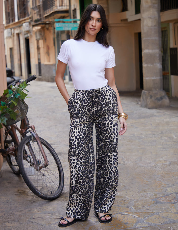 Brown Leopard Print Jersey Wide Leg Trousers