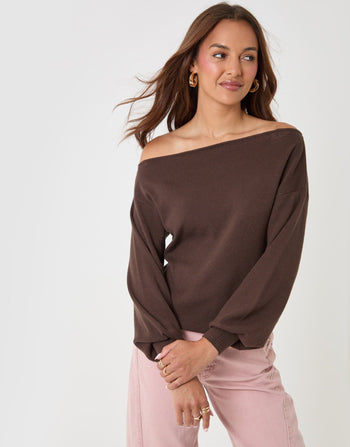 Threadbare Soft Slash Neck Jumper in Chocolate Brown - front view