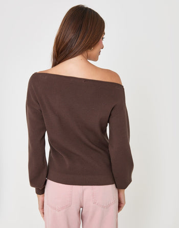 Threadbare Soft Slash Neck Jumper in Chocolate Brown - back view