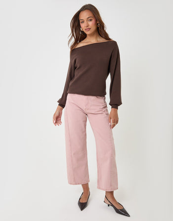 Threadbare Soft Slash Neck Jumper in Chocolate Brown - full body