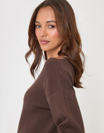 Threadbare Soft Slash Neck Jumper in Chocolate Brown - close up