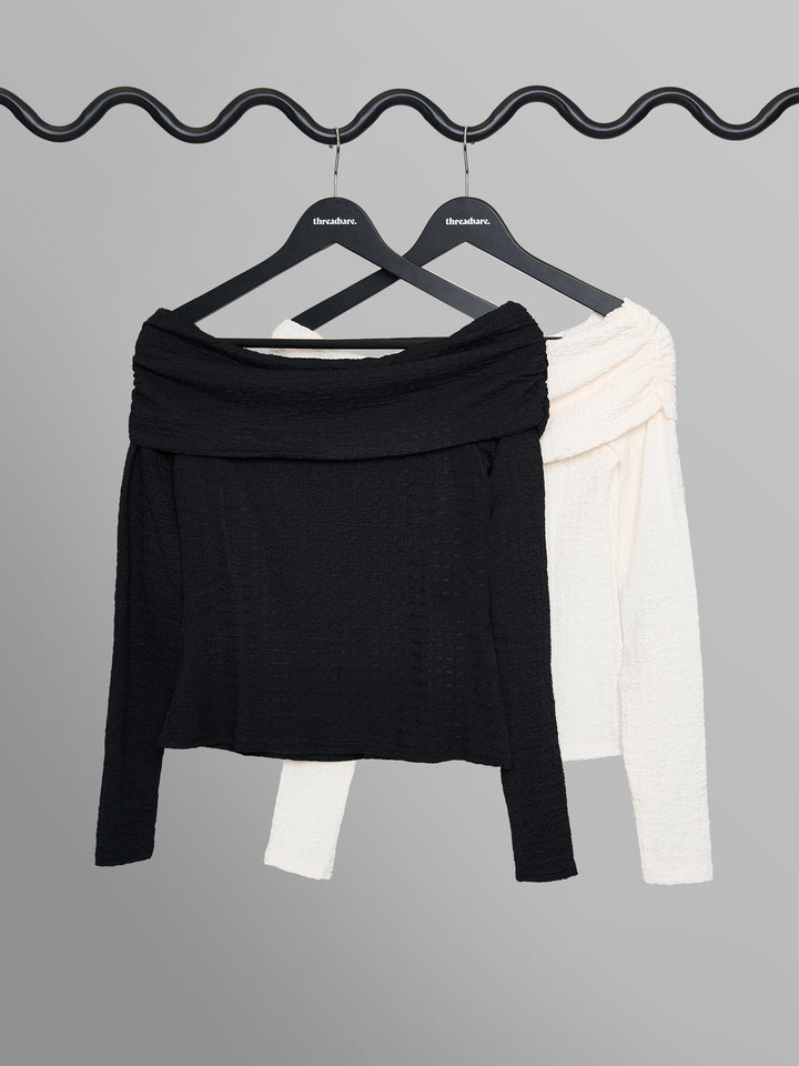 Black & Cream Textured Jersey Bardot Blouses (2 Pack)