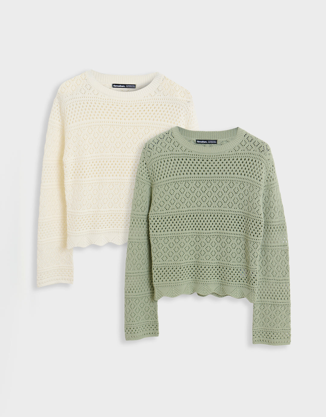 Threadbare 2 Pack Sage Long Sleeve Pointelle Crochet Knit Jumper in Green & White - 2-pack flat lay