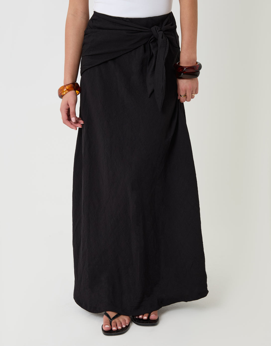 Threadbare Tie Sash Midi Skirt in Black - front view