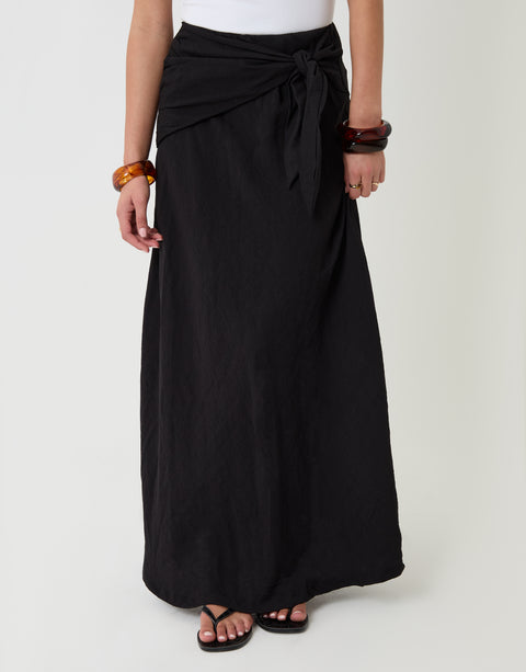 Threadbare Tie Sash Midi Skirt in Black - front view