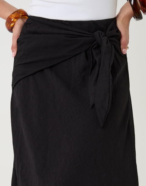 Threadbare Tie Sash Midi Skirt in Black - detail close up