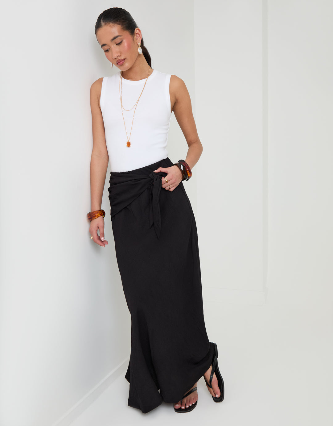 Threadbare Tie Sash Midi Skirt in Black - front view