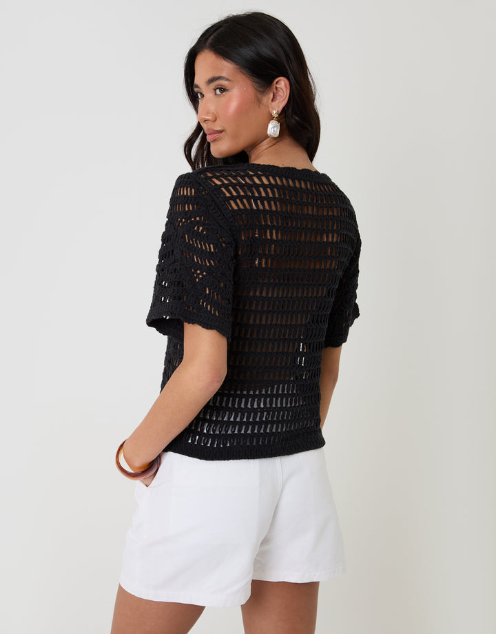 Threadbare Crochet Button Up Top in Black - back view