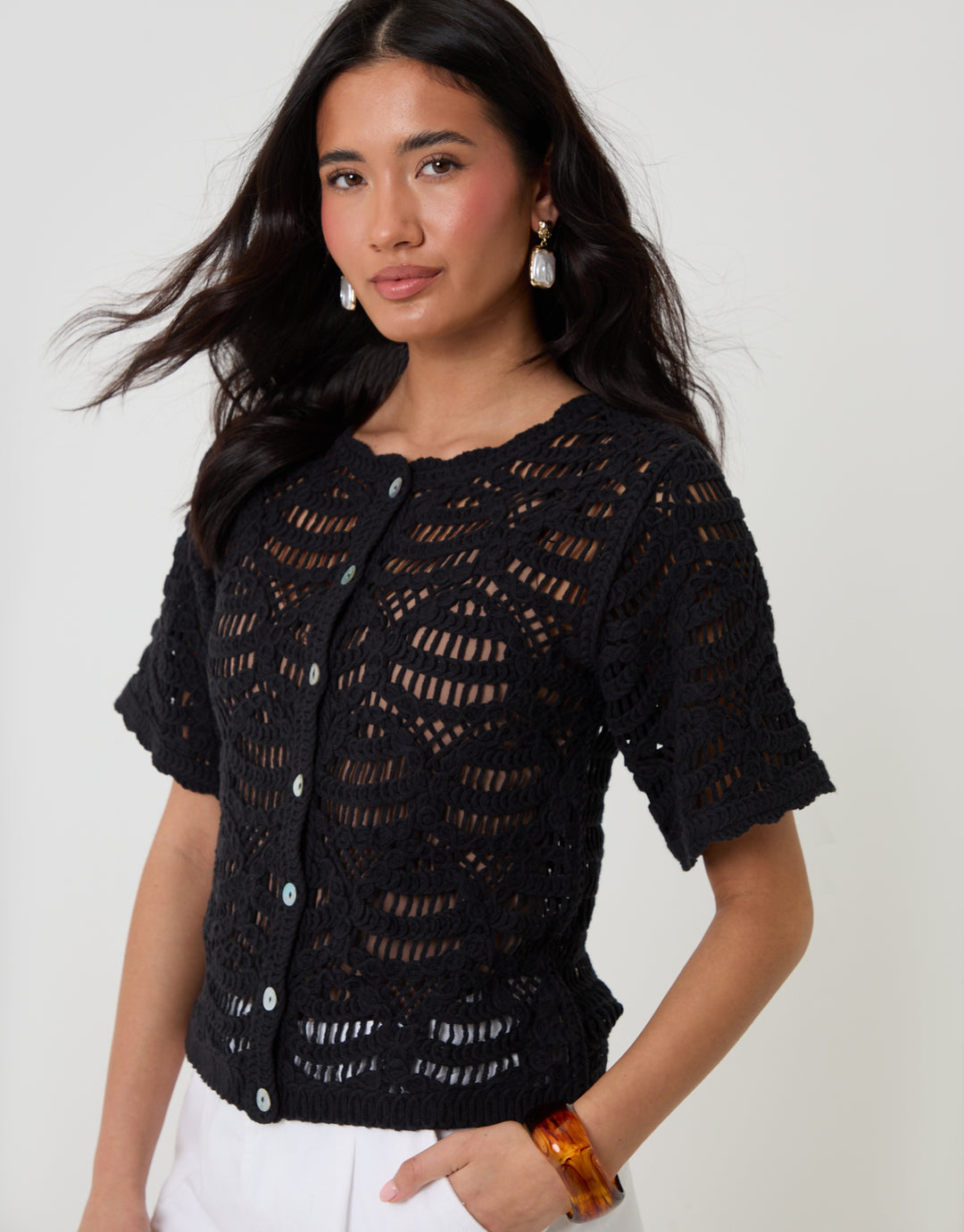 Threadbare Crochet Button Up Top in Black - front view