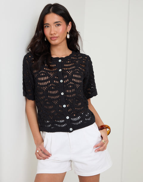 Threadbare Crochet Button Up Top in Black - front view