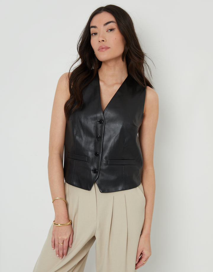 Black Faux Leather Waistcoat