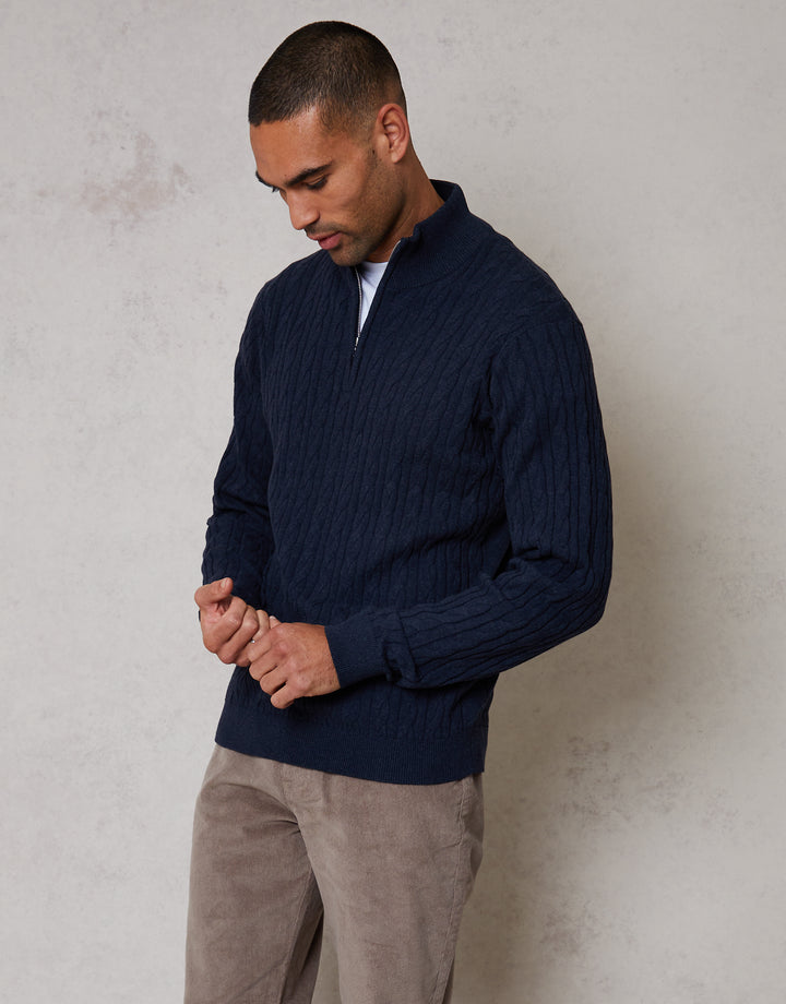 Navy Cable Knit Quarter Zip Jumper