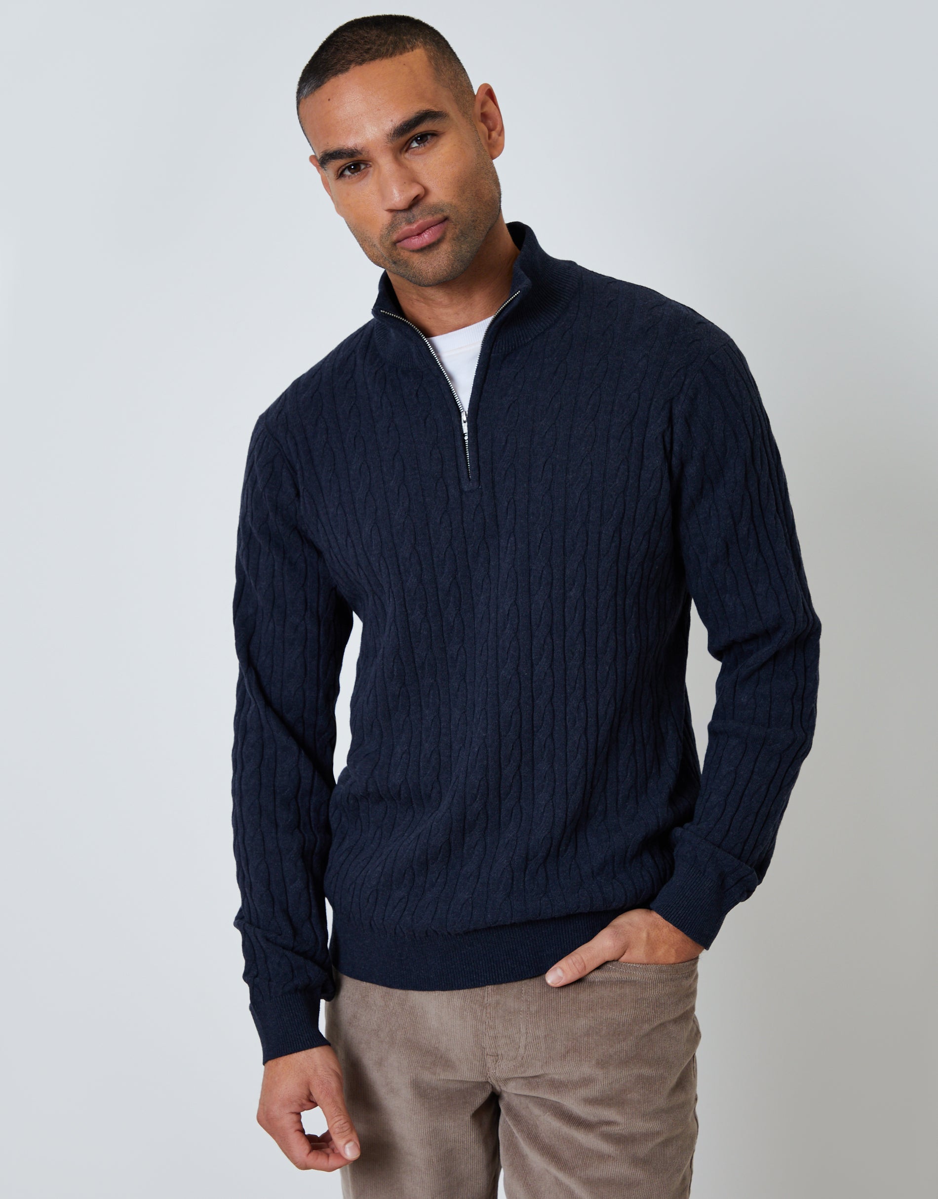 Cable Knit Quarter Zip Jumper in Navy
