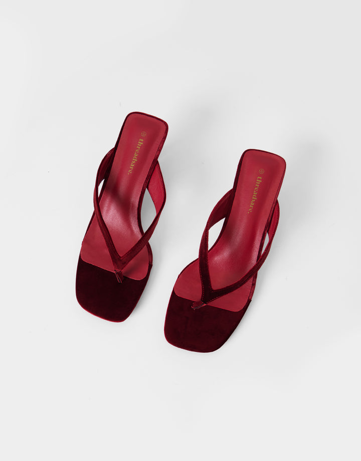 Threadbare Velvet Toe Post Kitten Heels in Red - front view