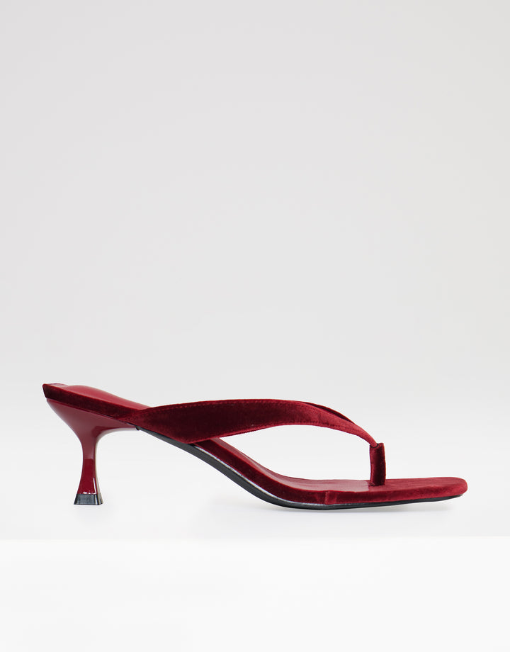 Threadbare Velvet Toe Post Kitten Heels in Red - side view